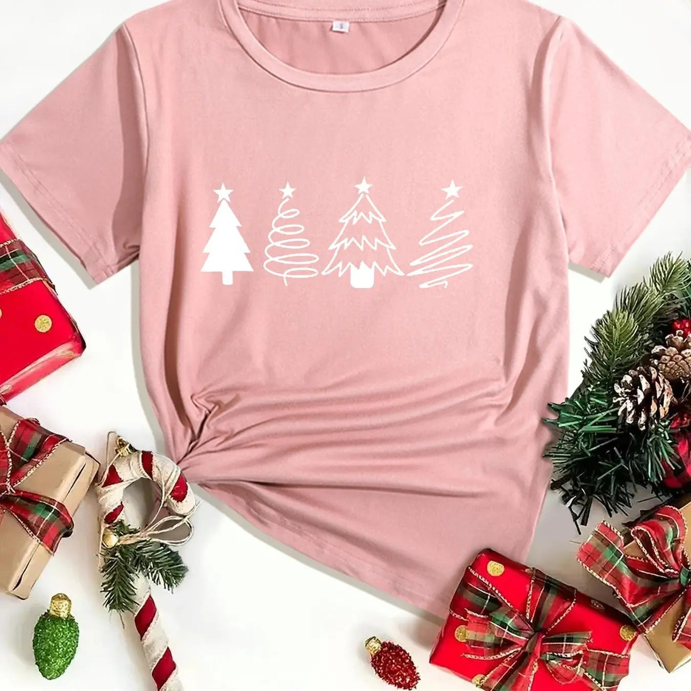 Women's Christmas Tree Print Round Neck Tee, Casual Short Sleeve Crew Neck T-shirt for Daily Holiday Vacation Outdoor...