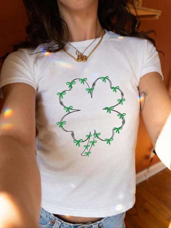 Women's Clover Print Round Neck Tee, Casual Short Sleeve Crew Neck T-Shirt for Summer, Fashion Women's Top for Daily Wear...