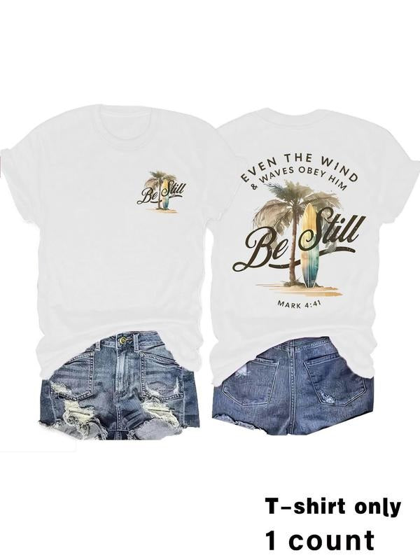 Women's Coconut Tree Print Round Neck Tee, Vintage Trendy Casual Short Sleeve T-shirt for Daily Wear, Ladies Summer, Top...