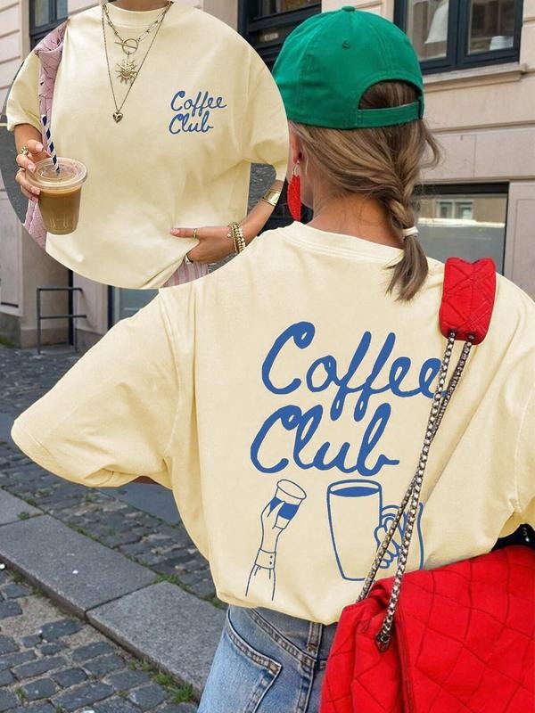 Women's Coffee Club Print Round Neck Tee, Casual Short Sleeve T-shirt for Summer, Ladies Clothes for Daily Wear, Top...