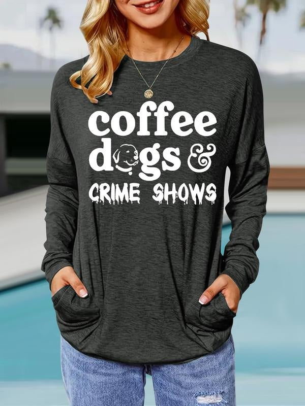 Women's Coffee Print Round Neck Long Sleeve Pullover, Loose-Fit Casual Top for Spring & Fall, Comfortable Breathable...