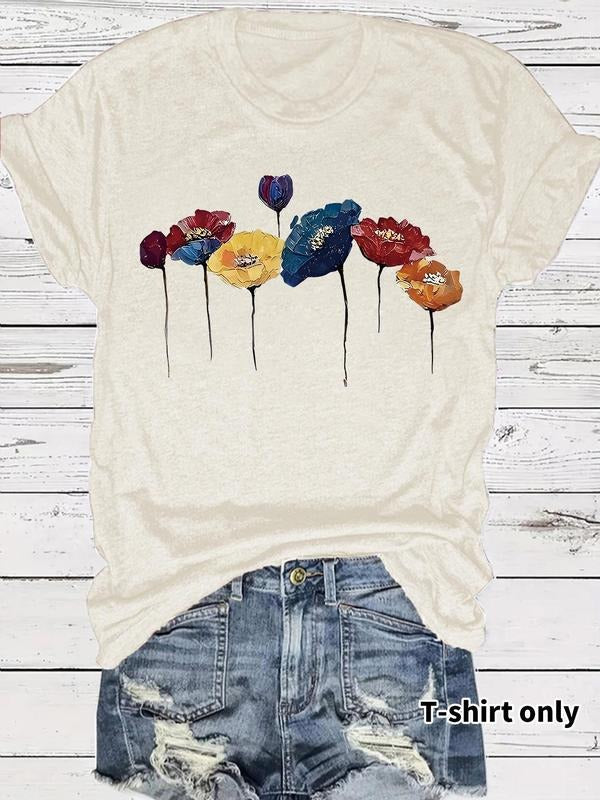 Women's Colorful Flower Print Round Neck Tee, Vintage Trendy Casual Short Sleeve T-shirt for Daily Wear, Ladies Summer,...