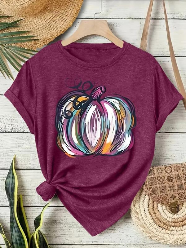 Women's Colorful Pumpkin Print Vintage Style Summer Casual Sports Top, Round Neck Short Sleeve Halloween Tee, Comfortable...