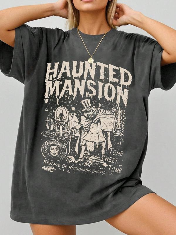 Women's Comfortable Vintage Haunted House Tee, Ghost Season T-Shirt, Gothic Halloween Family Shirt, Suitable All Year...
