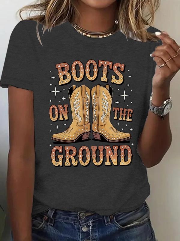 Women's Cowboy Boots Round Neck Graphic Tee, Fashion Casual Short Sleeve T-shirt for Daily Wear, Ladies Summer Clothes,...