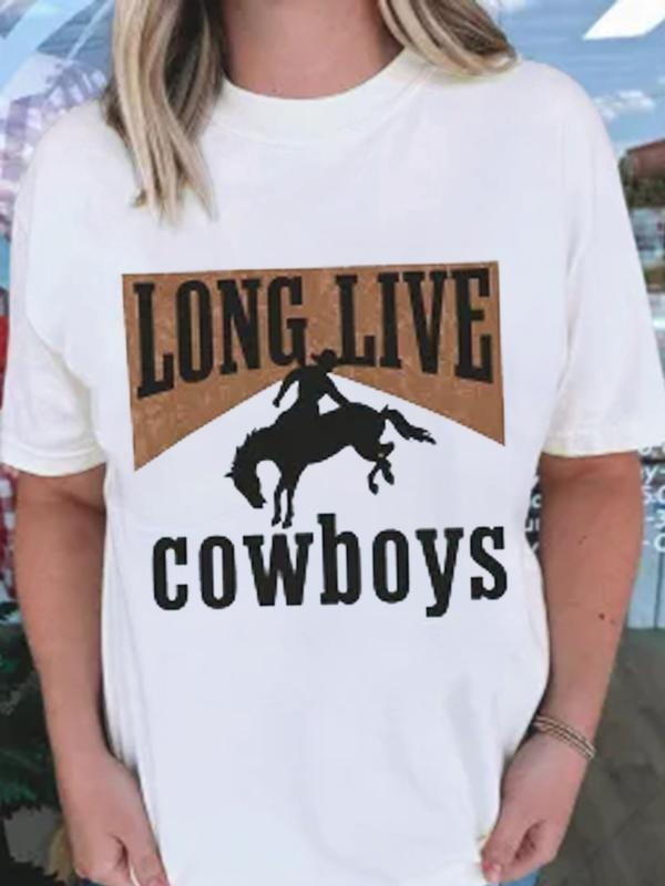 Women's Cowboys & Letter Print Regular Fit Round Neck T-shirt, Casual Basic Top for All Seasons, Ladies Clothes for Daily...