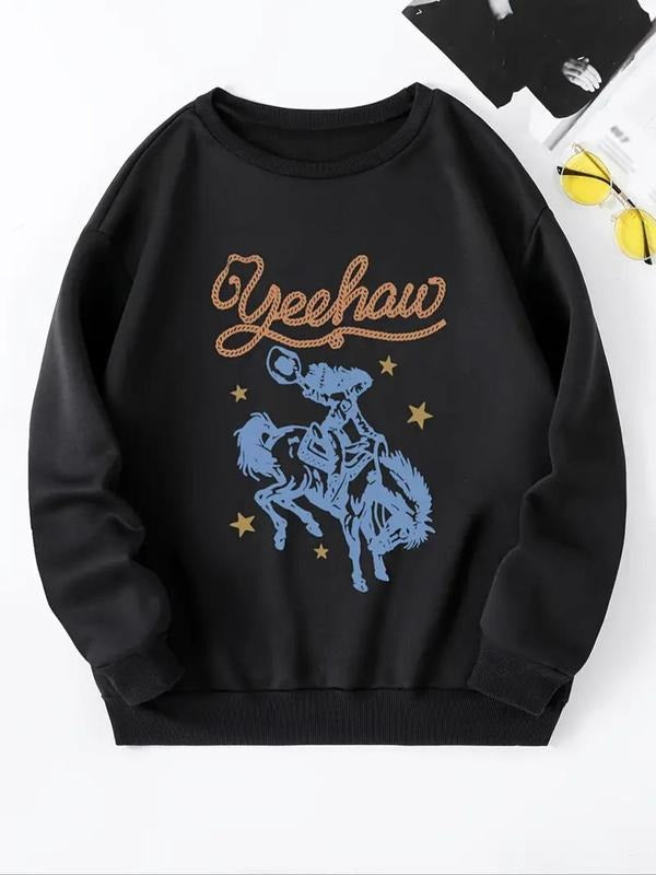 Women's Cowgirl & Letter Print Drop Shoulder Sweatshirt, Casual Long Sleeve Round Neck Pullover for Fall & Winter,...