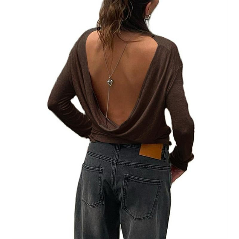 Women's Cowl Back Long Sleeve Shirts Boat Neck Double Lined Backless Going Out Tops Open Back Loose Casual T-Shirt...