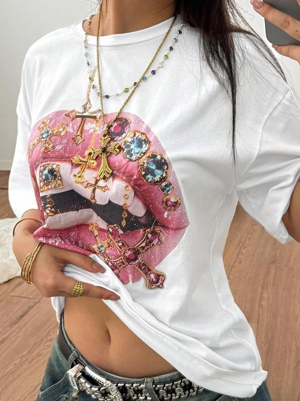 Women's Cross & Chains Print Round Neck Tee, Fashion Casual Crew Neck T-Shirt for Daily Holiday Vacation Outdoor Wear,...