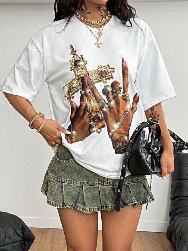 Women's Cross & Hand Print Round Neck Tee, Fashion Casual Crew Neck T-Shirt for Daily Holiday Vacation Outdoor Wear,...