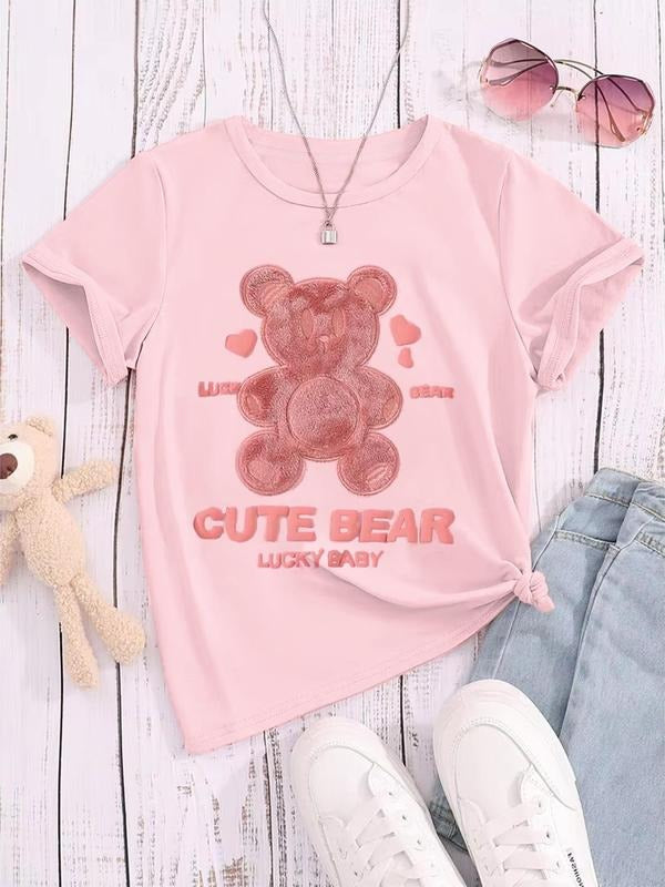Women's Cute Bear & Letter Print Round Neck Tee, Fashion Casual Crew Neck T-Shirt for Daily Holiday Vacation Outdoor...