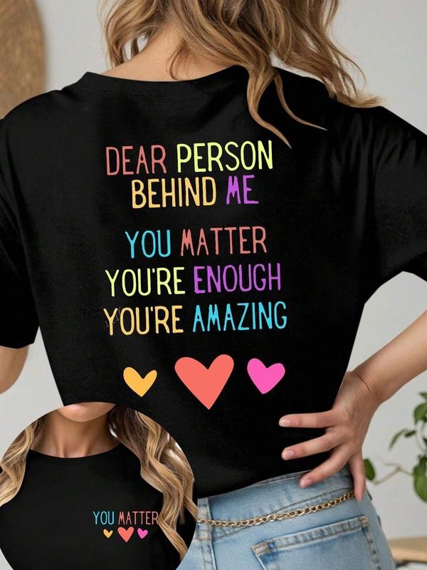 Women's DEAR PERSON BEHIND ME Hearts Print Regular Fit Round Neck T-shirt, Casual Basic Short Sleeve Top for All Seasons,...