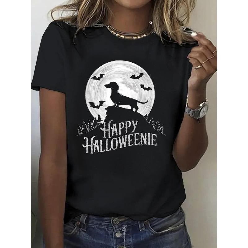 Women's Dachshund Happy Pattern Printed T-Shirt 100% Cotton Crew Neck Short Sleeve Casual Summer Top Holiday Gift Hoodie,...