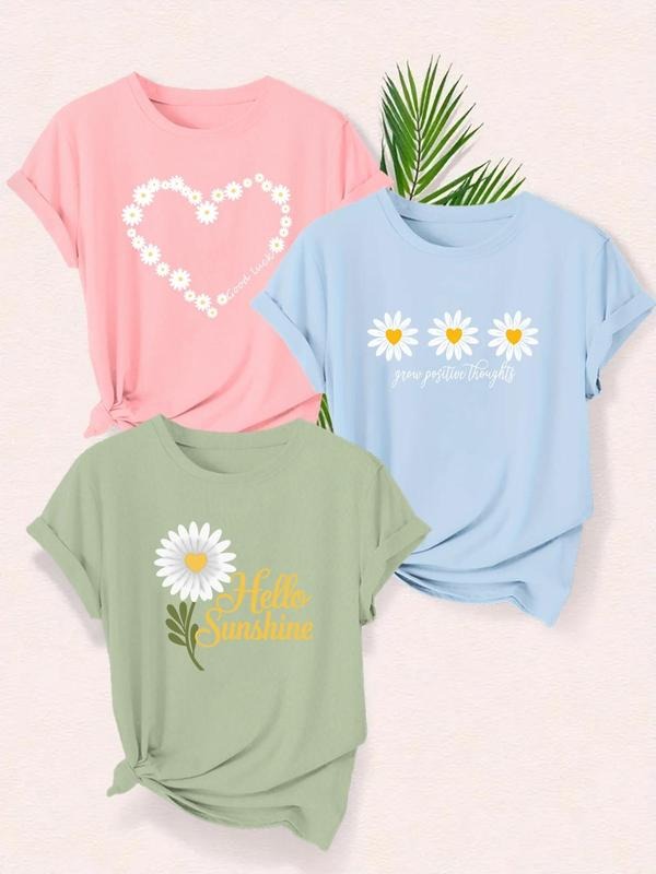 Women's Daisy & Letter Print Round Neck Tee, Casual Short Sleeve Crew Neck T-shirt for Daily Wear, Ladies Clothes for All...