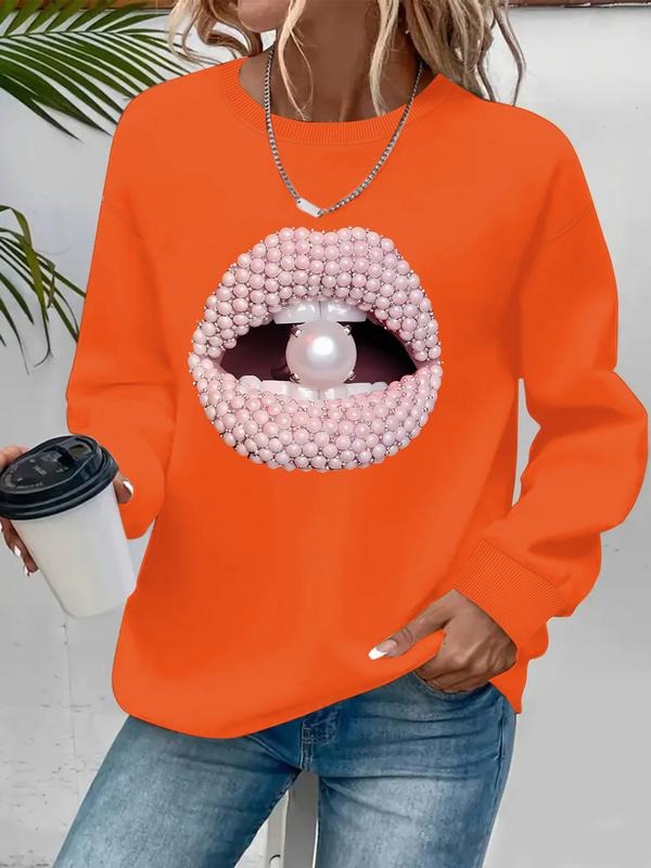 Women's Diamond Lip Print Sweatshirt, Graduation Long Sleeve Top, Back-To-School Clothing, Teacher, Fall Casual Wear...