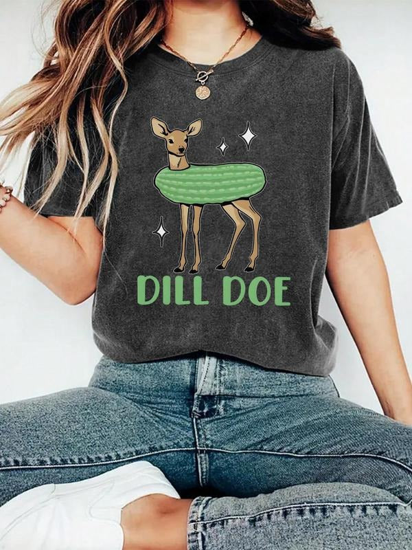 Women's Dill Pickle Graphic Print Round Neck Tee, Fashion Casual Short Sleeve T-shirt, Ladies Summer Clothes for Daily...