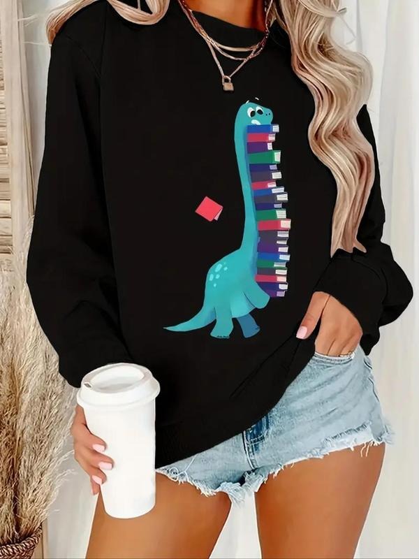 Women's Dinosaur Print Drop Shoulder Sweatshirt, Casual Long Sleeve Round Neck Pullover for Fall & Winter, Ladies Clothes...
