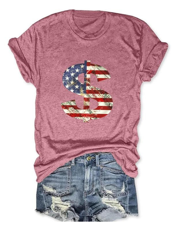 Women's Dollar & American Flag Print Round Neck Tee, Fashion Casual Short Sleeve T-Shirt for Daily Wear, Ladies Clothes...