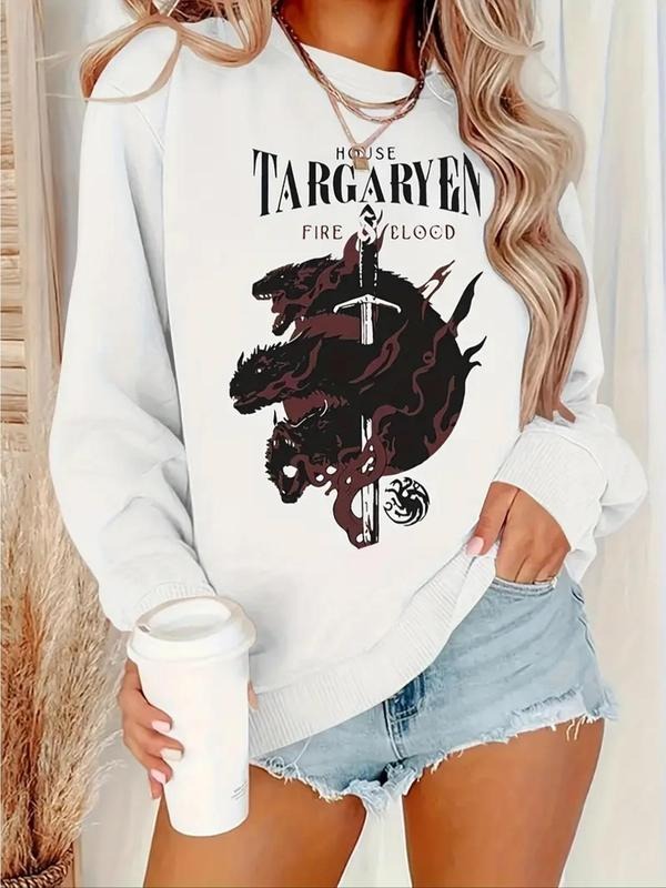 Women's Dragon & Letter Print Crew Neck Drop Shoulder Sweatshirt, Casual Long Sleeve Pullover for Fall & Winter, Women's...