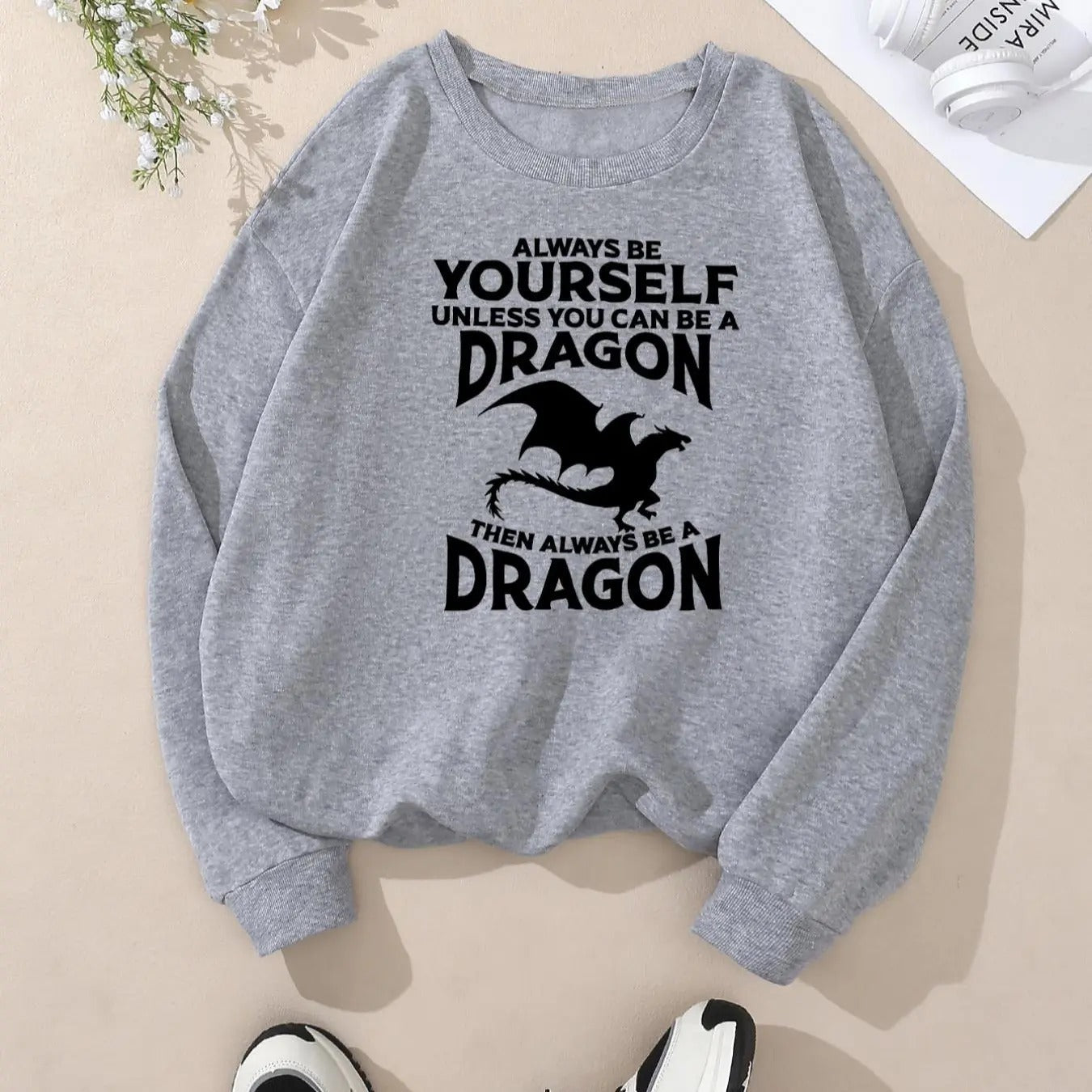 Women's Dragon & Letter Print Crew Neck Sweatshirt, Casual Long Sleeve Pullover for Fall & Winter, Women's Clothes for...