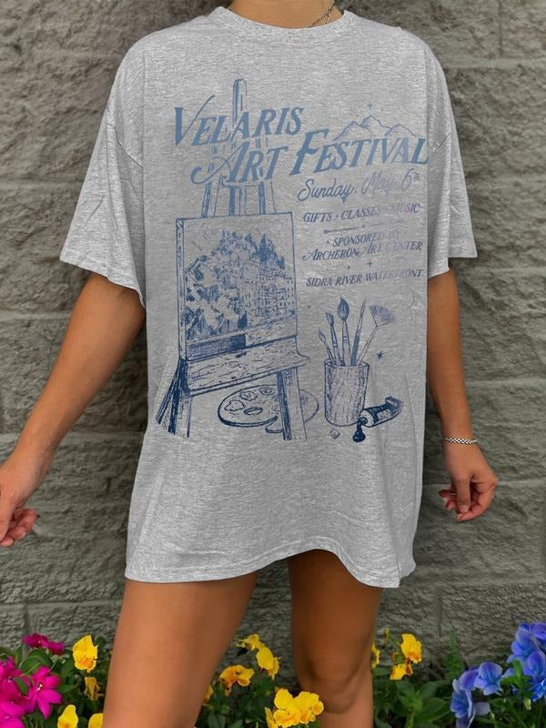 Women's Drawing Board & Letter Print Oversized Round Neck T-shirt, Casual Basic Top for All Seasons, Women's Gift for...