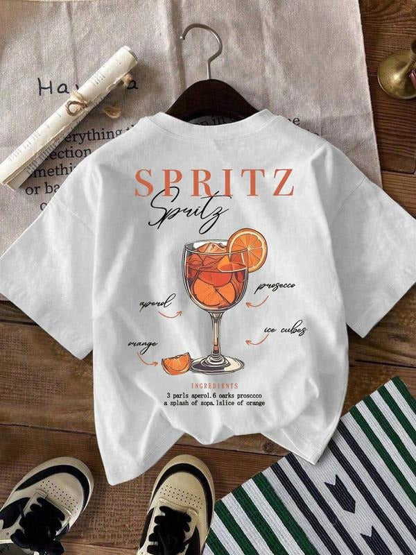 Women's Drink & Letter Print Round Neck Tee, Casual Short Sleeve Crew Neck T-Shirt for Summer, Fashion Women's Top for...