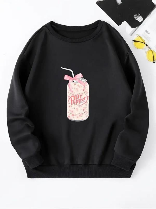 Women's Drink Print Drop Shoulder Sweatshirt, Casual Long Sleeve Round Neck Pullover for Fall & Winter, Ladies Clothes...