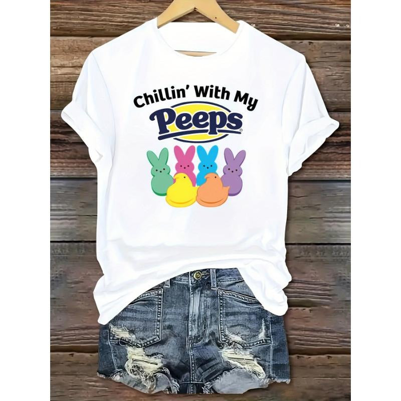 Women's Easter Bunny Graphic T-Shirt - Casual Crew Neck Short Sleeve T-Shirt with "Chilling With My Friends" Printed...