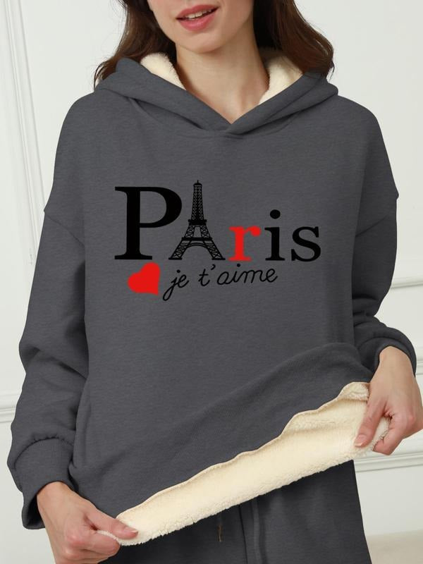 Women's Eiffel Tower & Heart Print Drop Shoulder Hoodie, Fashion Casual Letter Graphic Hooded Sweatshirt for Daily...