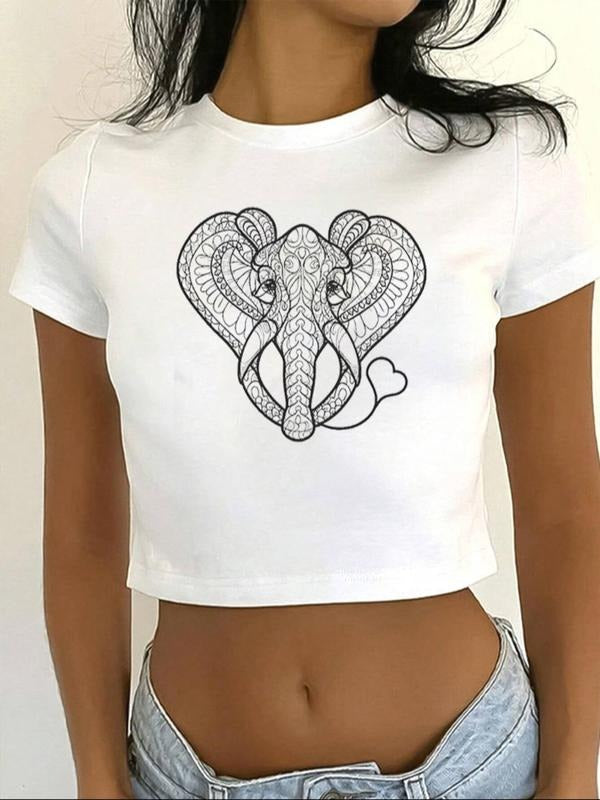 Women's Elephant & Heart Print Round Neck Crop Tee, Fashion Casual Short Sleeve T-Shirt for Daily Holiday Vacation...