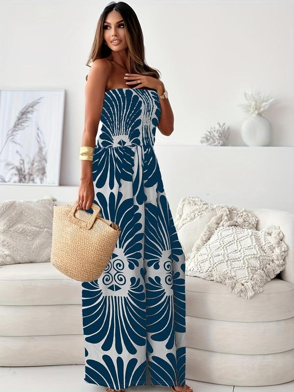 Women's Ethnic Pattern Shirred Wide Leg Tube Jumpsuit, Boho Fashion Casual Strapless Jumpsuit for Beach Holiday Vacation,...
