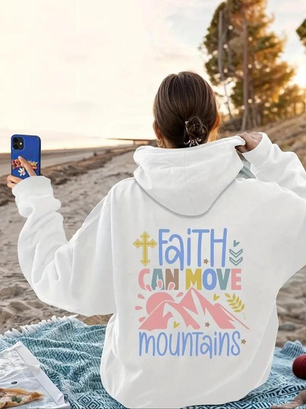 Women's Faith Can Move Mountains Letter Print Hoodie, Casual Cartoon Graphic Hooded Sweatshirt for Fall & Winter, Women's...