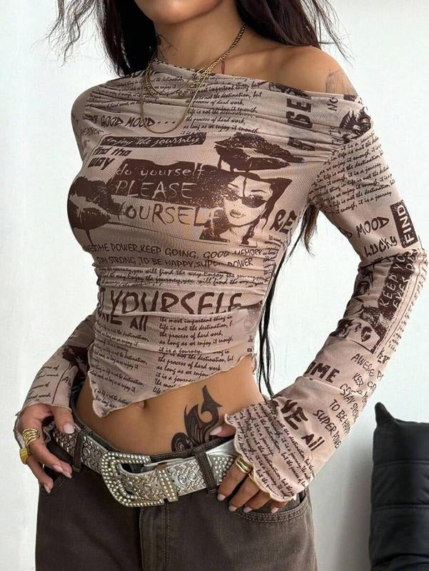 Women's Fall All-Season Vinatge Streetwear Newspaper Pattern Graphics Stretchy Off Shoulder Asymmetrical Neck Tops...