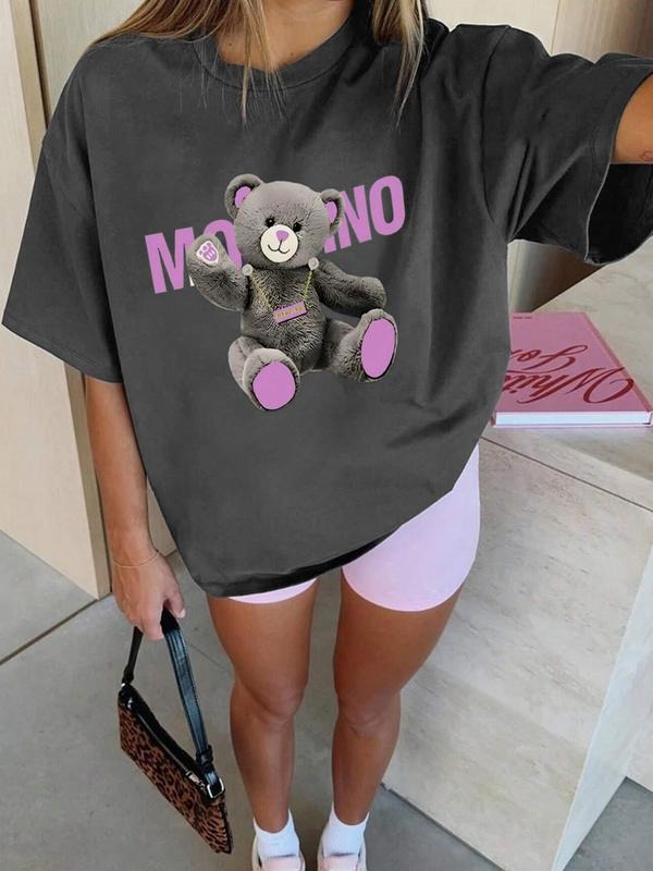 Women's Fashion Bear Print Round Neck Deep Short Sleeve T-Shirt, Casual Summer Wear, Fitted Moderate Fabric, Daily...