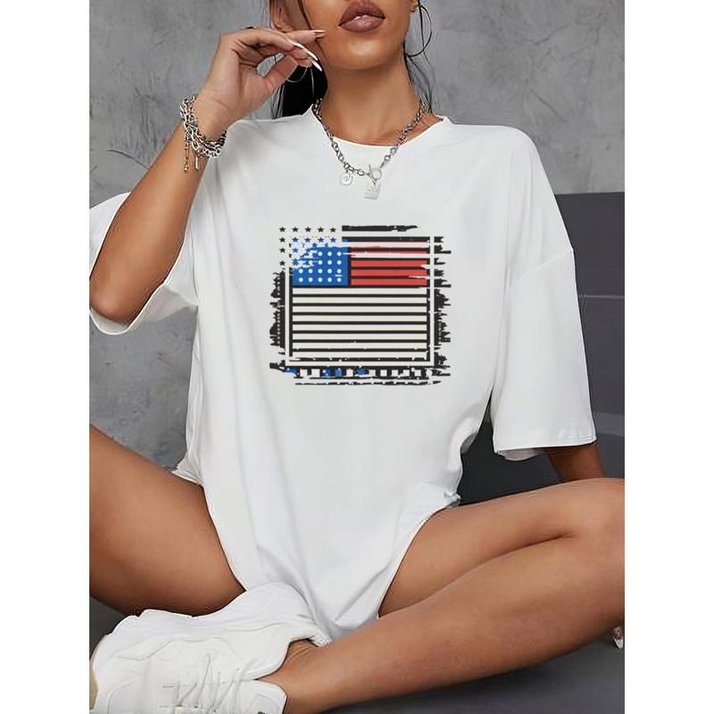Women's Fashionable Patriotic T-Shirt - Casual Short Sleeve, Round Neck, 100% , Machine Washable