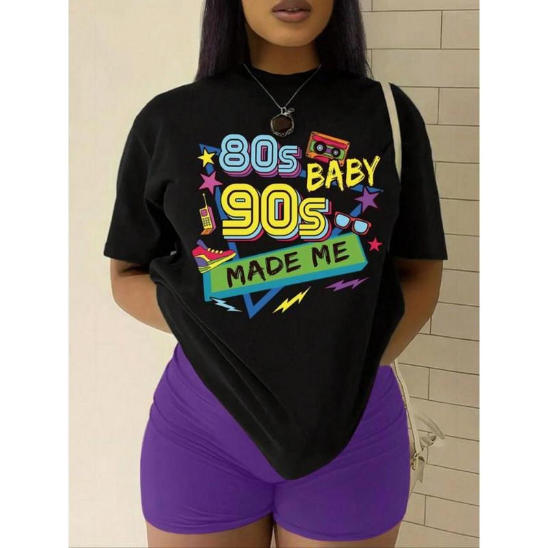 Women's Figure & Letter Print Drop Shoulder Tee, Street Fashion Casual Short Sleeve Round Neck T-Shirt for Daily Holiday...