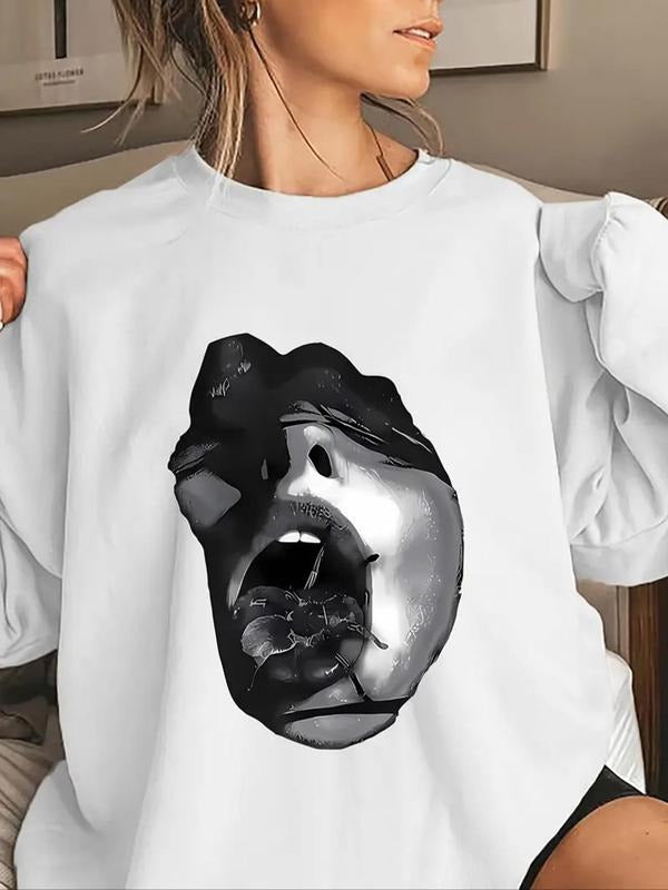 Women's Figure Face  Print Drop Shoulder Thermal Lined Sweatshirt, Casual Long Sleeve Round Neck Pullover for Fall &...