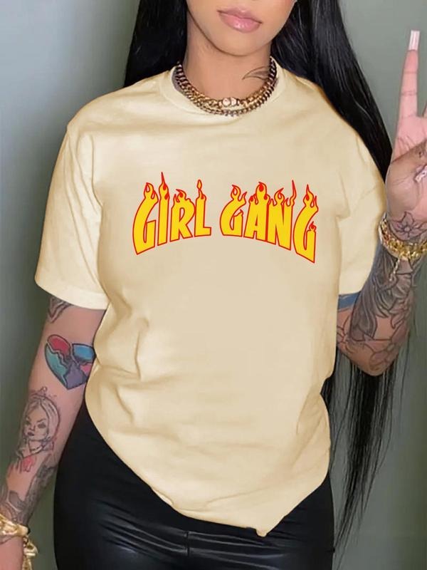 Women's Fire & Letter Print Round Neck Tee, Fashion Casual Crew Neck T-shirt for Daily Holiday Vacation Outdoor Wear,...