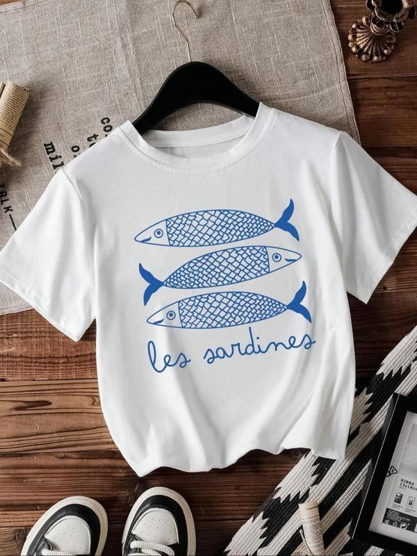 Women's Fish & Letter Print Round Neck Tee, Casual Short Sleeve Crew Neck T-shirt for Summer, Fashion Women's Top for...