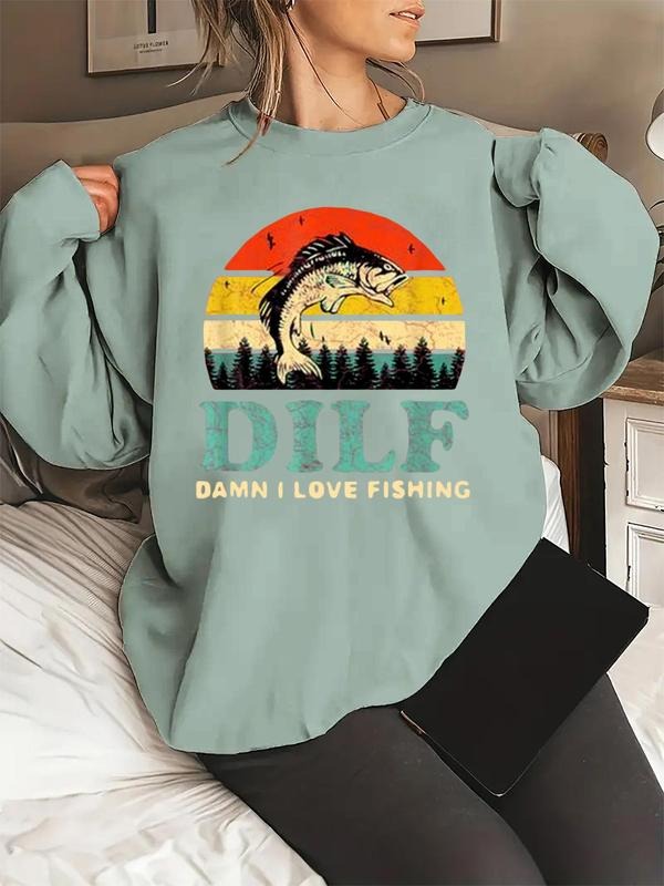 Women's Fishing Print Drop Shoulder Warm Sweatshirt, Casual Letter Graphic Long Sleeve Round Neck Pullover for Fall &...