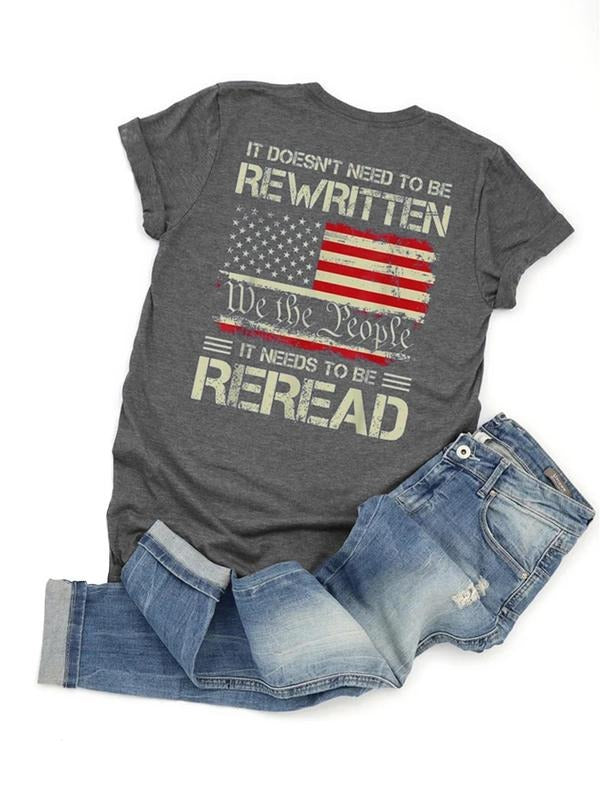 Women's Flag Print Round Neck Tee, Casual Short Sleeve Crew Neck T-Shirt for Summer, Women's Top for Daily Wear Hoodie,...