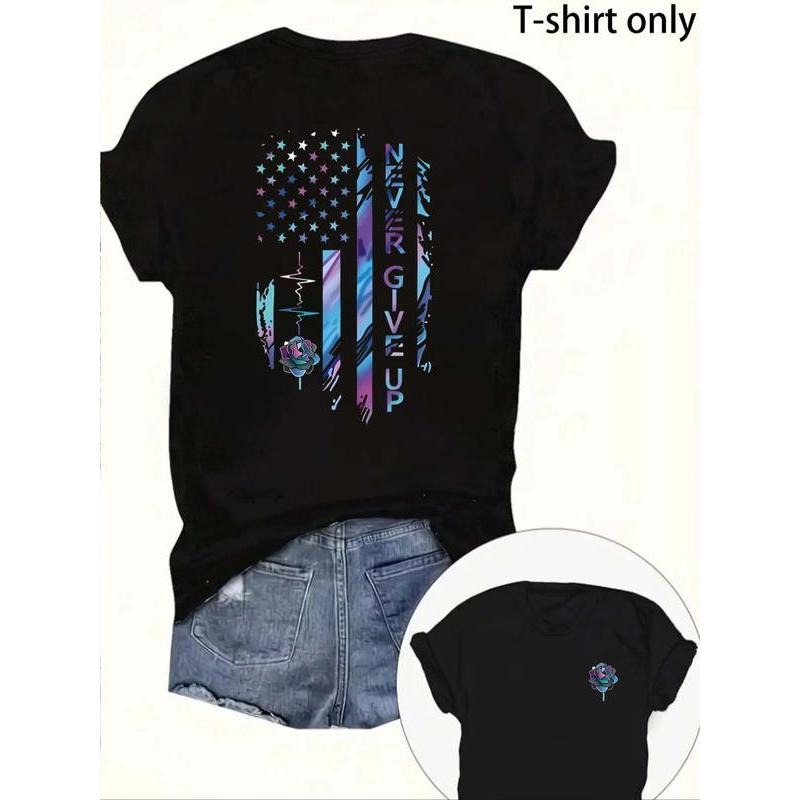 Women's Floral & American Flag Print Round Neck Tee, Vintage Trendy Casual Short Sleeve T-shirt for Daily Wear, Ladies...