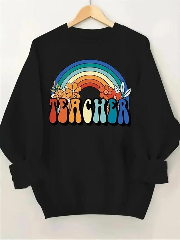 Women's Floral & Letter & Rainbow Print Drop Shoulder Sweatshirt, Casual Long Sleeve Round Neck Pullover for Fall &...