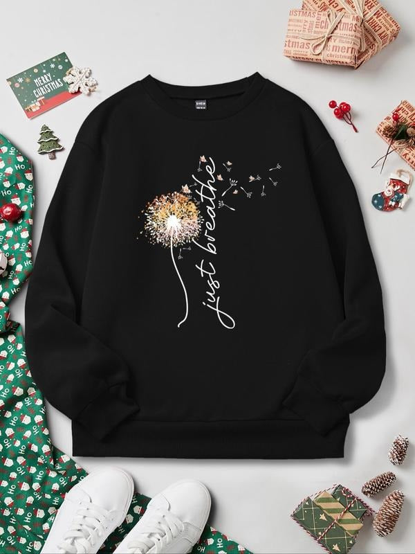 Women's Floral & Letter Graphic Print Drop Shoulder Sweatshirt, Casual Long Sleeve Round Neck Printed Pullover for Fall &...