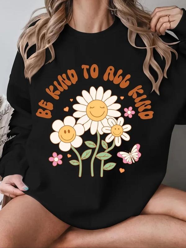 Women's Floral & Letter Print Drop Shoulder Sweatshirt, Casual Long Sleeve Round Neck Pullover for Fall & Winter, Women's...