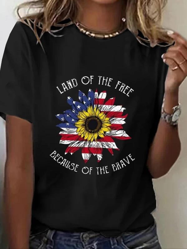Women's Floral & Letter Print Round Neck Graphic Tee, Trendy Casual Short Sleeve T-shirt for Daily Wear, Ladies Summer...