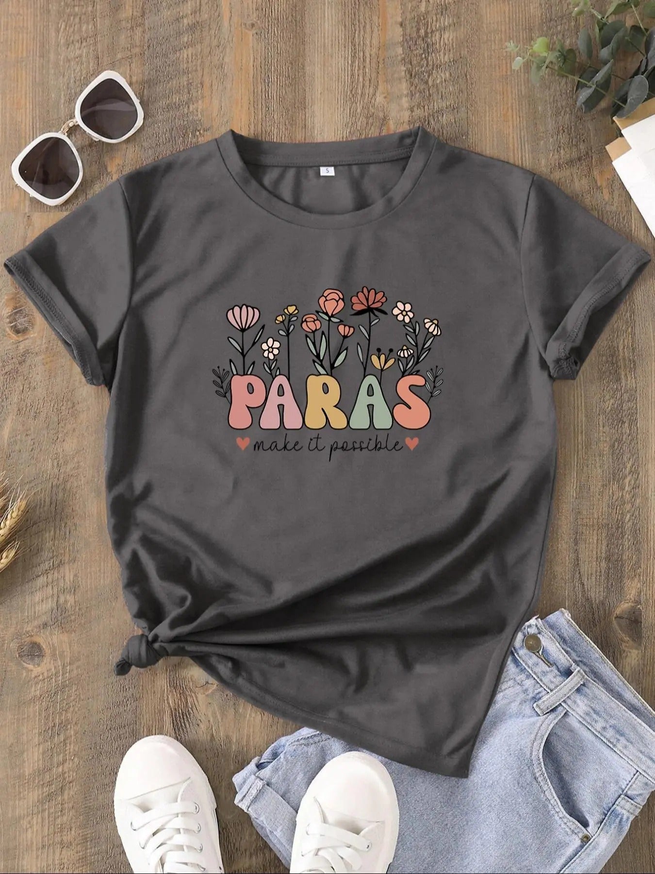 Women's Floral & Letter Print Round Neck Graphic Tee, Vintage Trendy Casual Short Sleeve T-shirt for Daily Wear, Ladies...