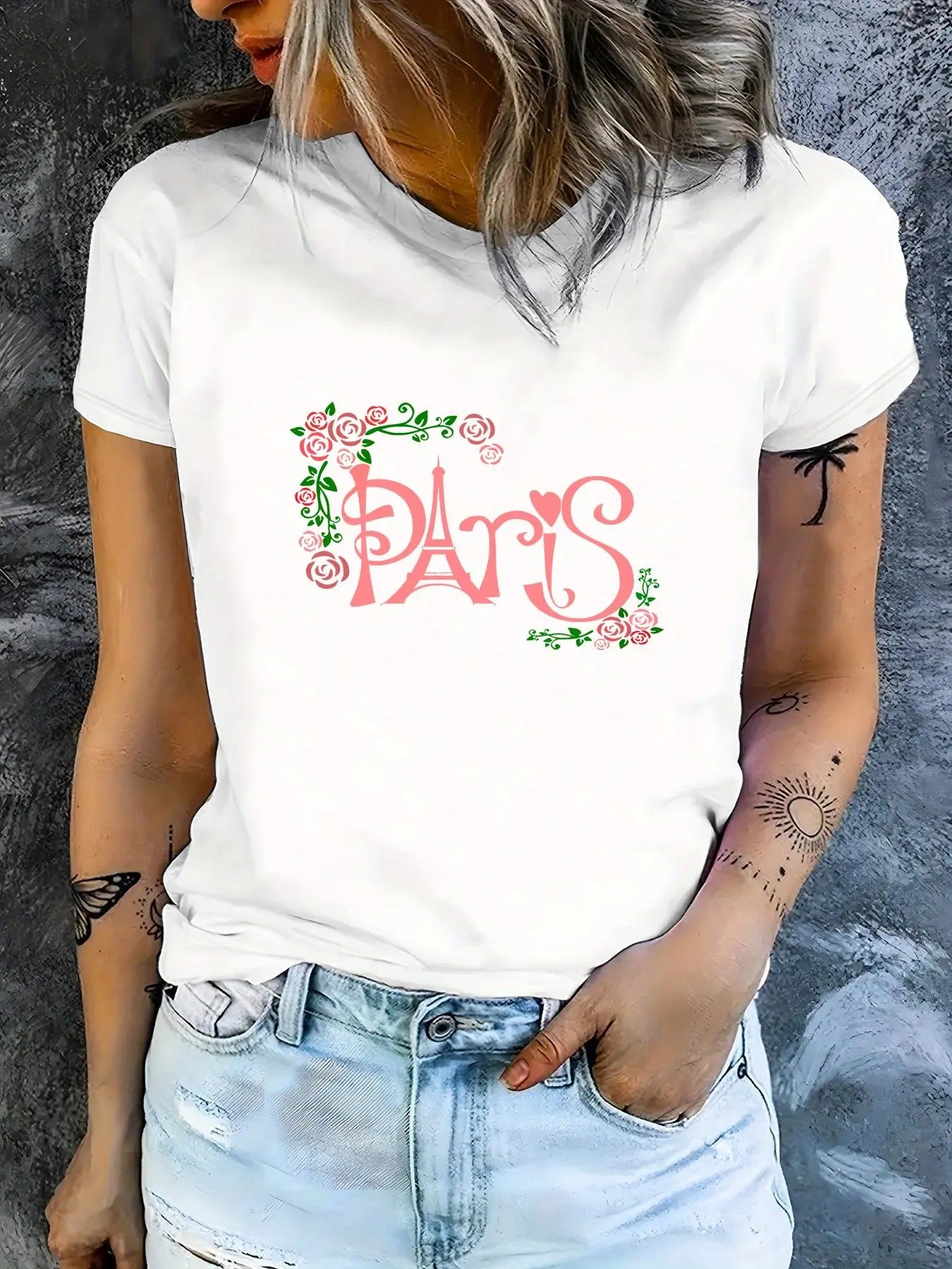Women's Floral & Letter Print Round Neck Tee, Cute Short Sleeve T-Shirt for Daily Wear, Ladies Clothes for All Seasons...
