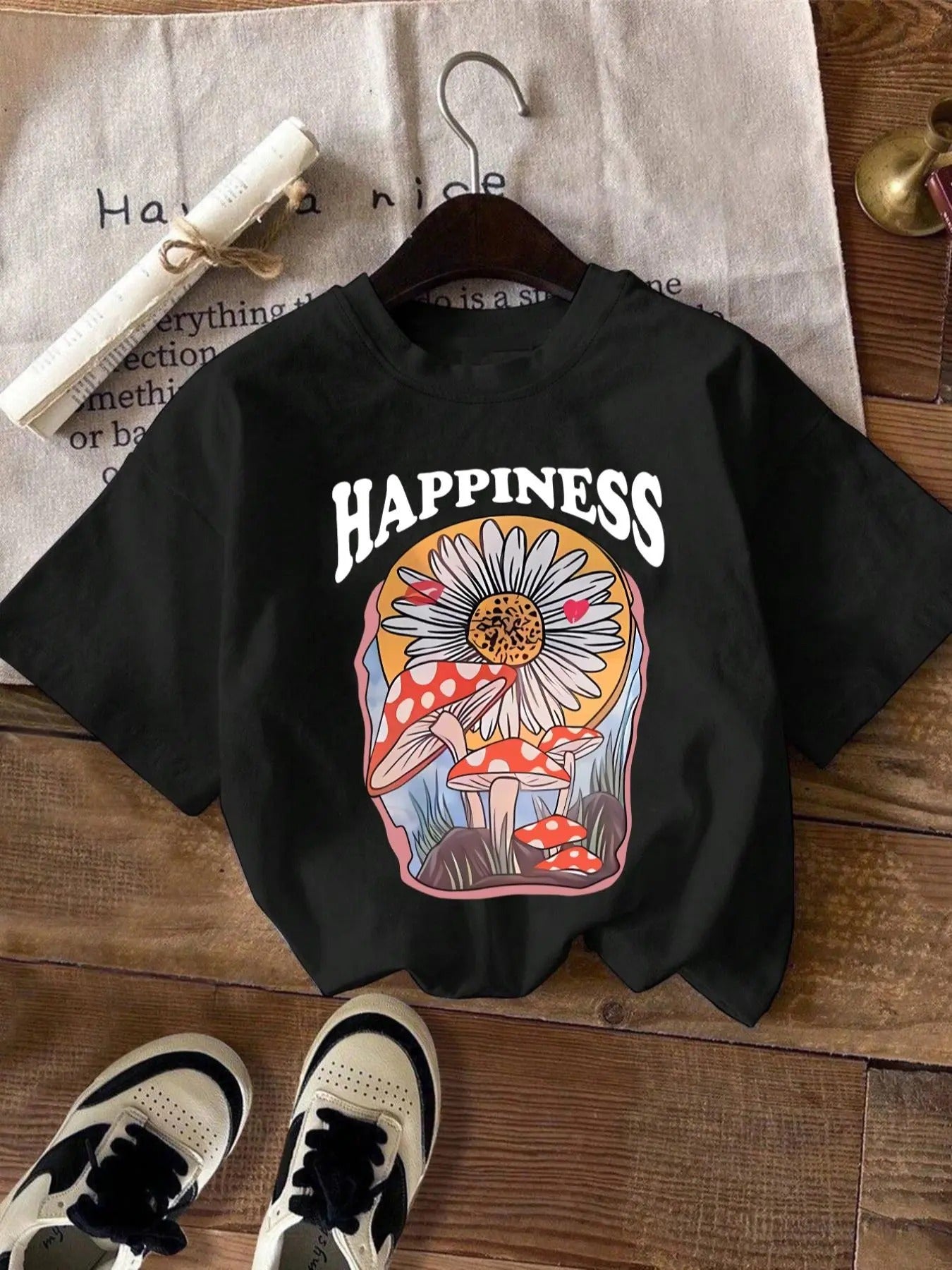 Women's Floral & Mushroom & Letter Print Drop Shoulder Tee, Casual Short Sleeve Round Neck T-shirt for Daily Wear, Ladies...