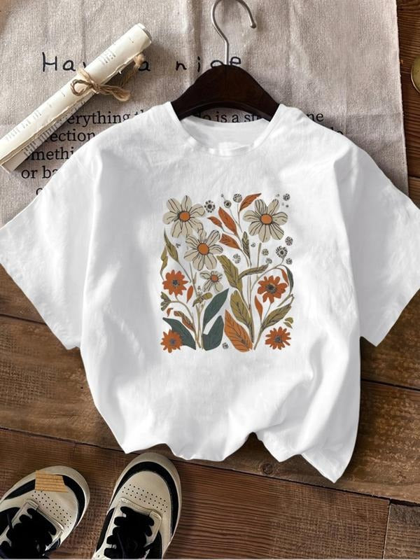 Women's Floral & Plants Print Round Neck Tee, Casual Short Sleeve Crew Neck T-Shirt for Summer, Fashion Women's Top for...